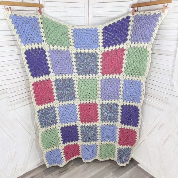 Handmade Granny Square Crochet Afghan Blanket White Multicolor Pink Purple Green - Picture 1 of 6